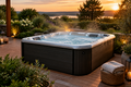 Hot tub on a peaceful garden deck at golden hour